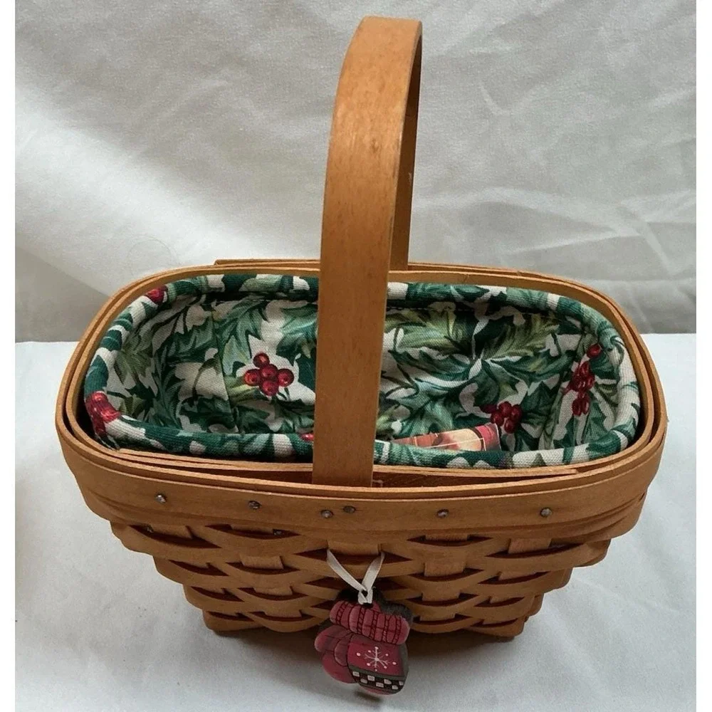 Pair Longaberger 2002 Christmas Baskets American Holly Linens Liners Signed